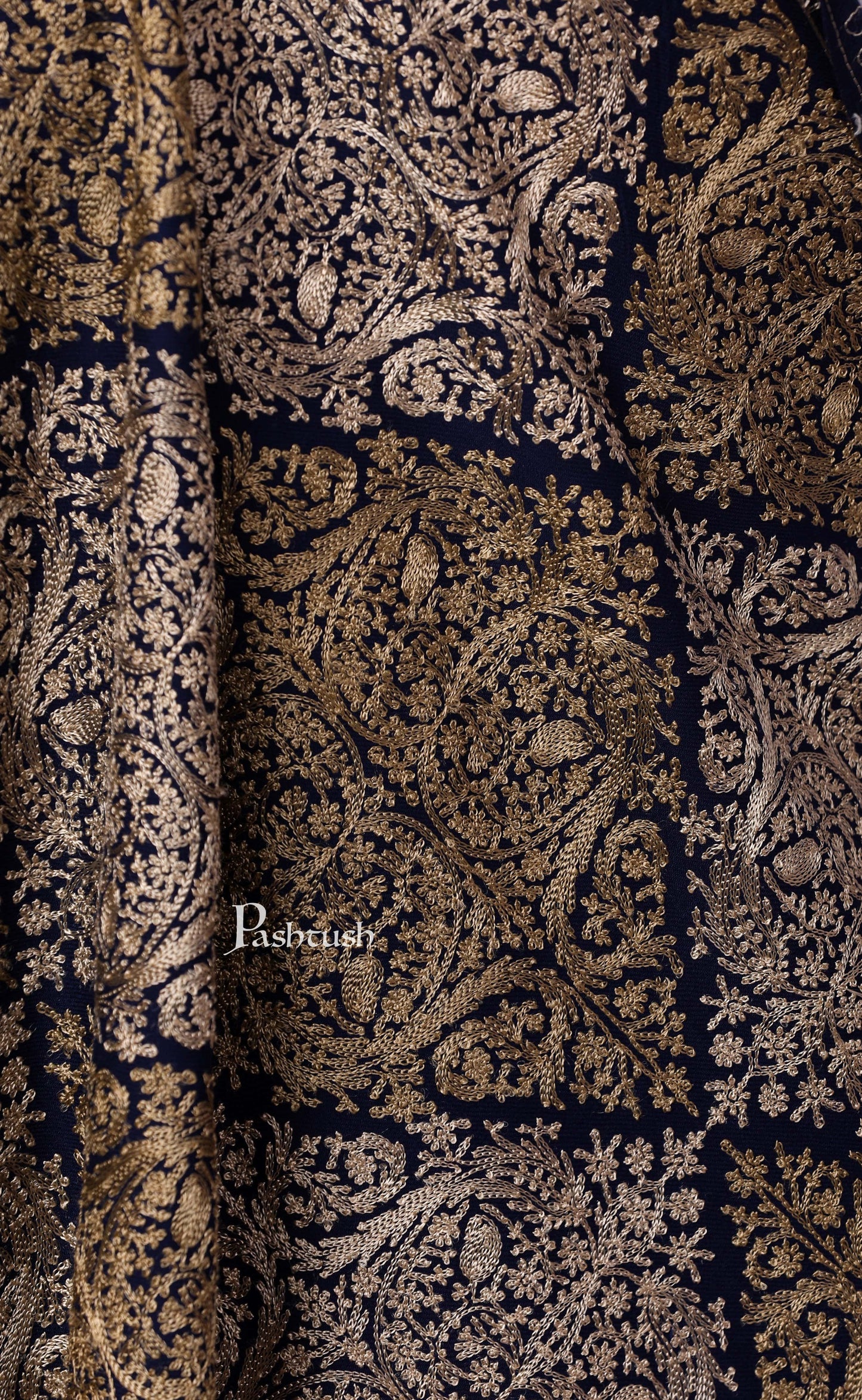 Pashtush Store Stole Pashtush Womens Fine Wool, Silky Nalki Embroidery Needlework Stole, Navy Blue