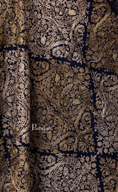 Pashtush Store Stole Pashtush Womens Fine Wool, Silky Nalki Embroidery Needlework Stole, Navy Blue
