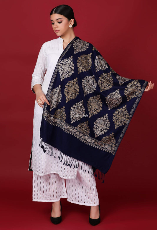Pashtush India 70x200 Pashtush Womens Fine Wool, Silky Nalki Embroidery Needlework Stole, Navy Blue