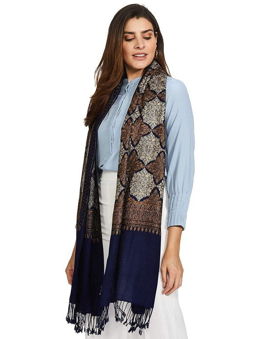 Pashtush India 100x200 Pashtush Womens Fine Wool, Silky Nalki Embroidery Needlework Stole, Navy Blue