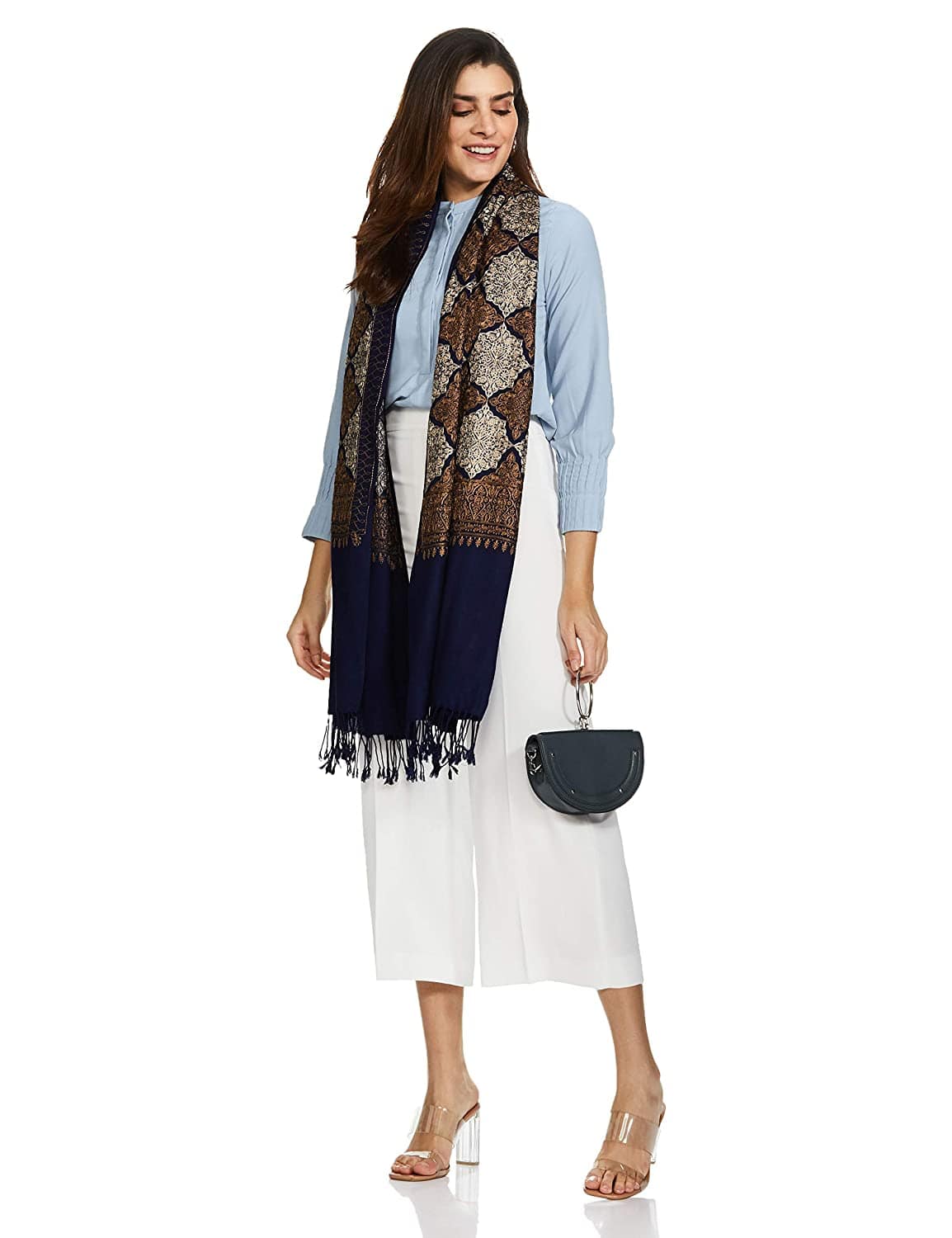 Pashtush India 100x200 Pashtush Womens Fine Wool, Silky Nalki Embroidery Needlework Stole, Navy Blue