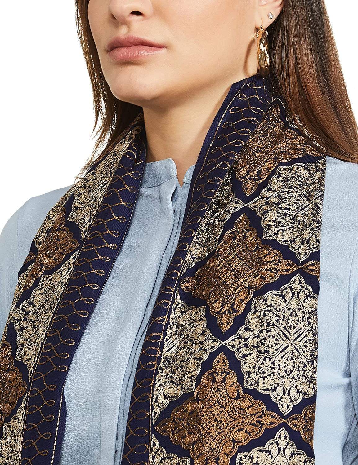 Pashtush India 100x200 Pashtush Womens Fine Wool, Silky Nalki Embroidery Needlework Stole, Navy Blue