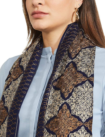 Pashtush India 100x200 Pashtush Womens Fine Wool, Silky Nalki Embroidery Needlework Stole, Navy Blue