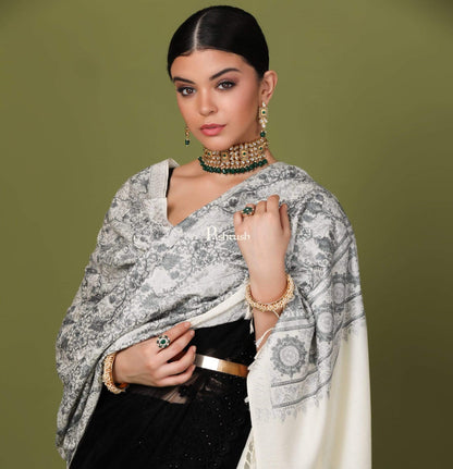 Pashtush Store Stole Pashtush Womens Fine Wool, Silky Nalki Embroidery Needlework Stole, White