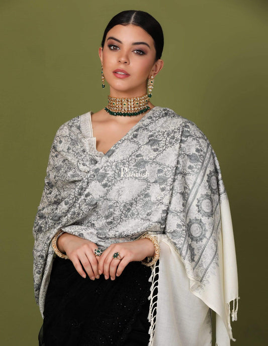 Pashtush Store Stole Pashtush Womens Fine Wool, Silky Nalki Embroidery Needlework Stole, White