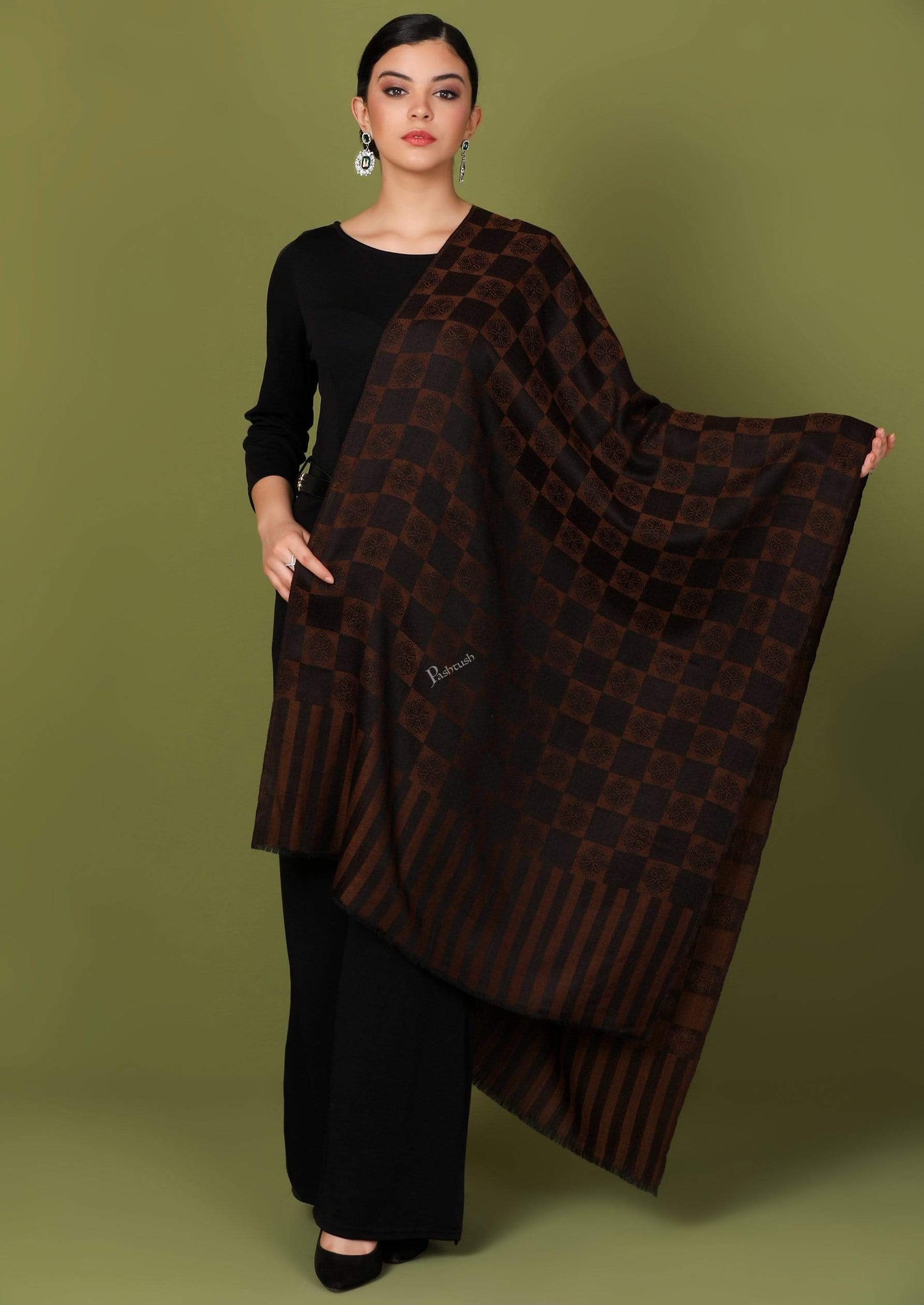 Pashtush Store Stole Pashtush Womens Fine Wool, Soft and Warm, Checkered stole, Espresso Brown