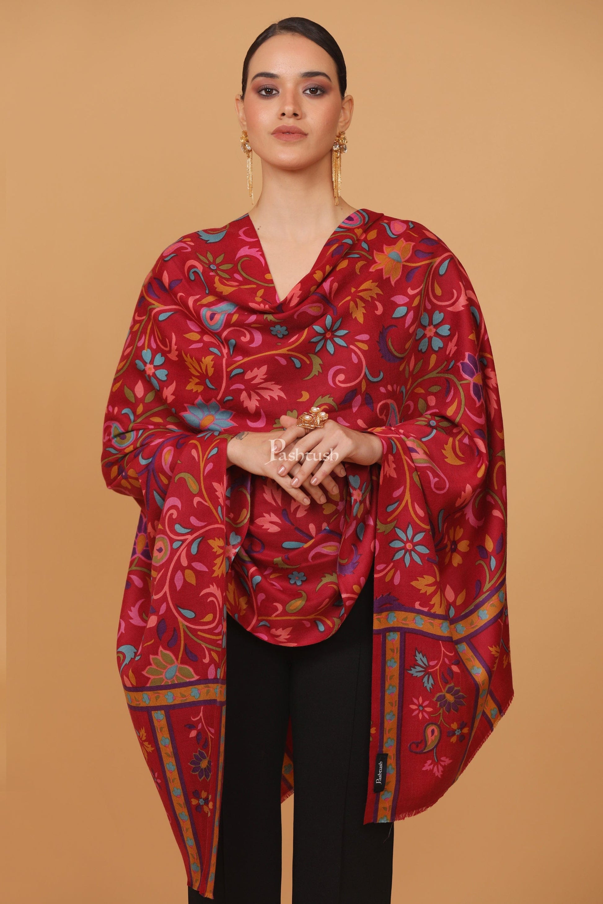 Pashtush India Womens Stoles and Scarves Scarf Pashtush womens Fine Wool stole, 100% hand printed jaal floral design, Maroon