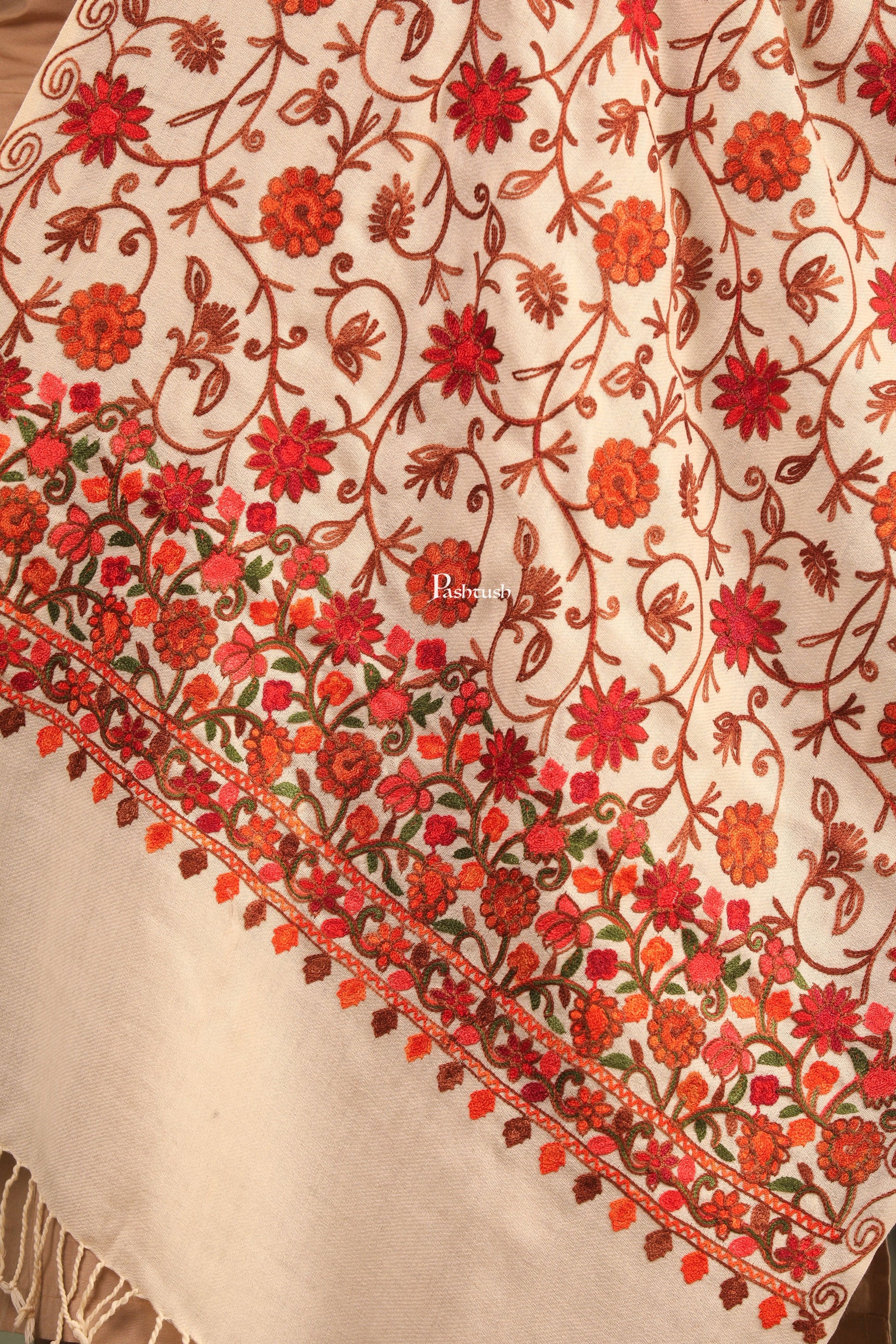 Pashtush India Womens Stoles and Scarves Scarf Pashtush Womens Fine Wool Stole, Aari Embroidery Flower Design, Ivory