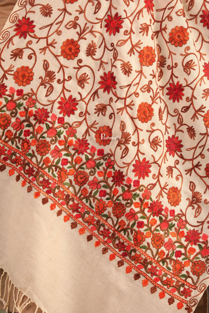 Pashtush India Womens Stoles and Scarves Scarf Pashtush Womens Fine Wool Stole, Aari Embroidery Flower Design, Ivory
