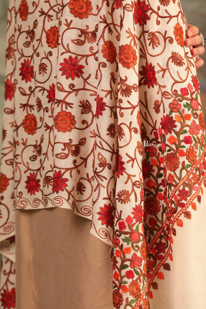 Pashtush India Womens Stoles and Scarves Scarf Pashtush Womens Fine Wool Stole, Aari Embroidery Flower Design, Ivory