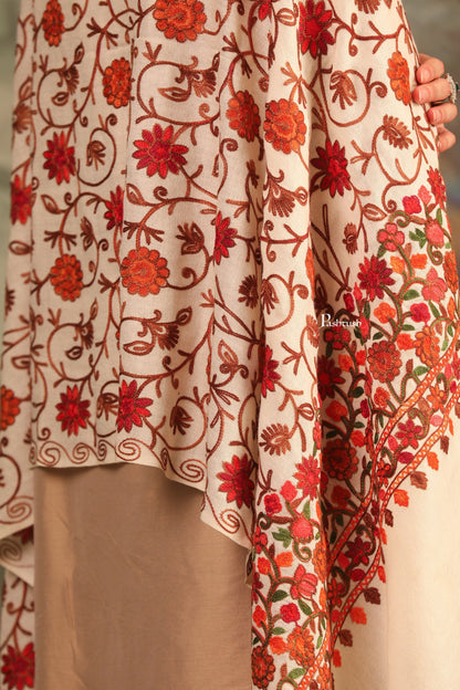 Pashtush India Womens Stoles and Scarves Scarf Pashtush Womens Fine Wool Stole, Aari Embroidery Flower Design, Ivory