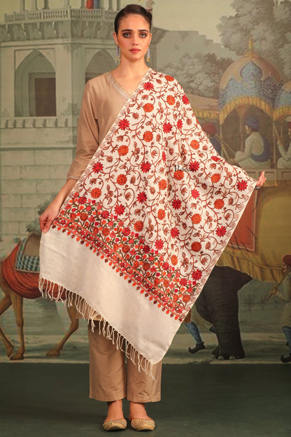 Pashtush India Womens Stoles and Scarves Scarf Pashtush Womens Fine Wool Stole, Aari Embroidery Flower Design, Ivory