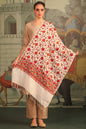 Pashtush India Womens Stoles and Scarves Scarf Pashtush Womens Fine Wool Stole, Aari Embroidery Flower Design, Ivory
