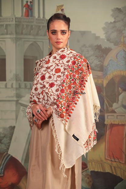 Pashtush India Womens Stoles and Scarves Scarf Pashtush Womens Fine Wool Stole, Aari Embroidery Flower Design, Ivory
