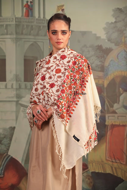 Pashtush India Womens Stoles and Scarves Scarf Pashtush Womens Fine Wool Stole, Aari Embroidery Flower Design, Ivory