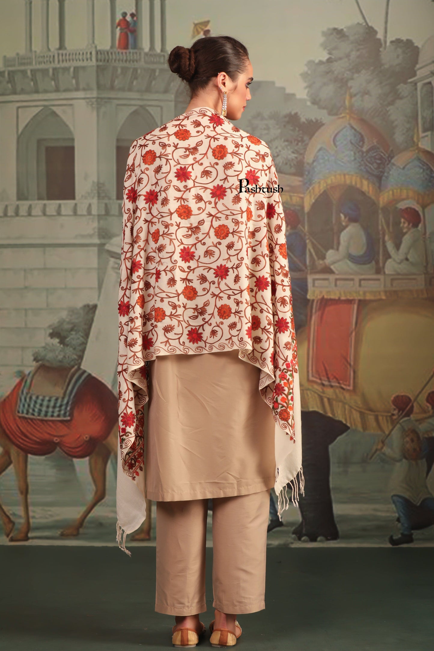 Pashtush India Womens Stoles and Scarves Scarf Pashtush Womens Fine Wool Stole, Aari Embroidery Flower Design, Ivory
