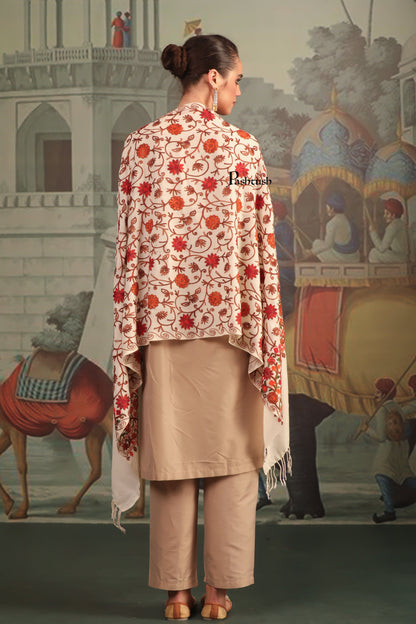 Pashtush India Womens Stoles and Scarves Scarf Pashtush Womens Fine Wool Stole, Aari Embroidery Flower Design, Ivory
