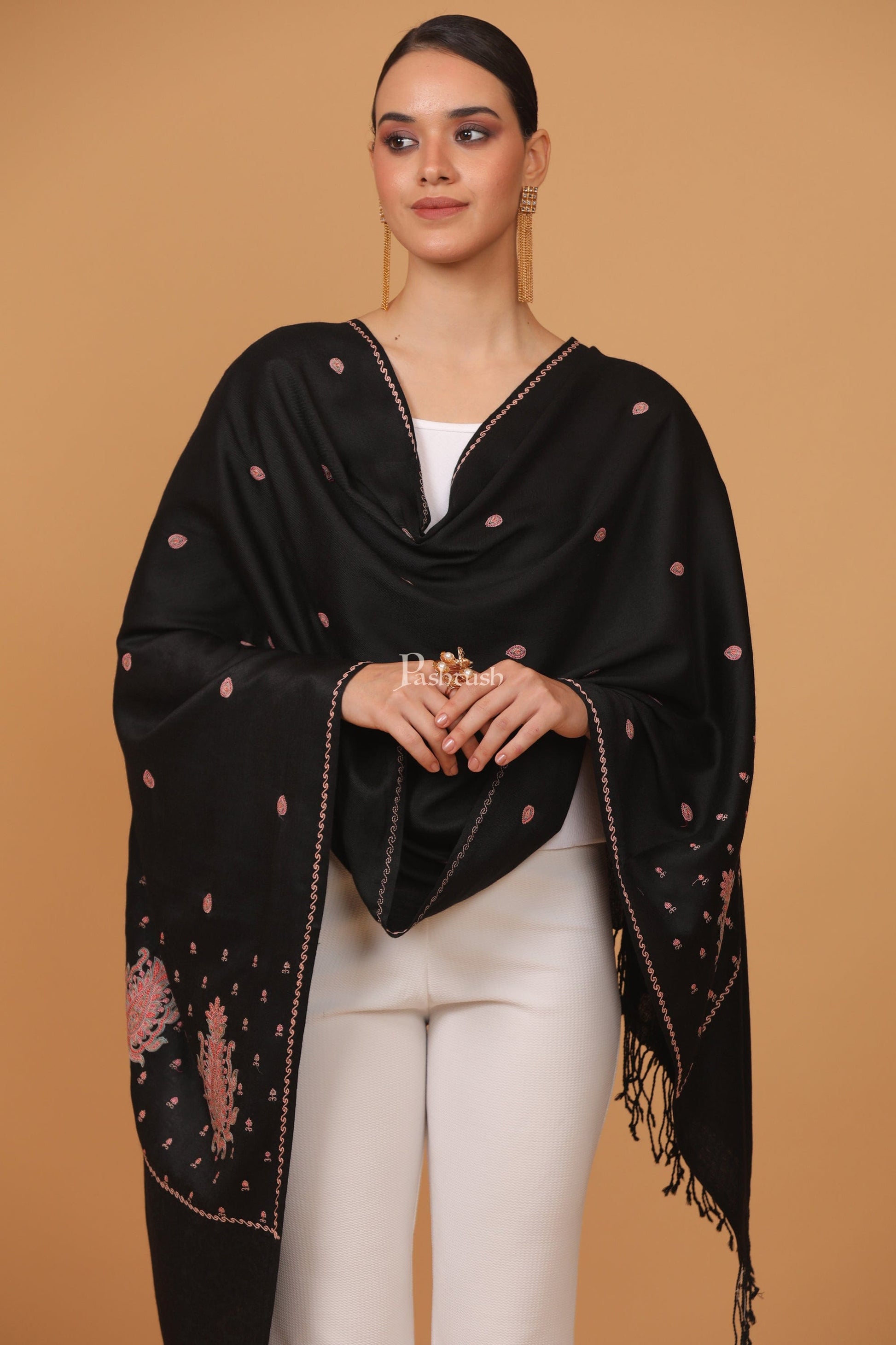 Pashtush India Womens Stoles and Scarves Scarf Pashtush womens Fine Wool stole, booti design, Black