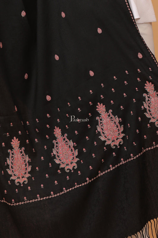 Pashtush India Womens Stoles and Scarves Scarf Pashtush womens Fine Wool stole, booti design, Black
