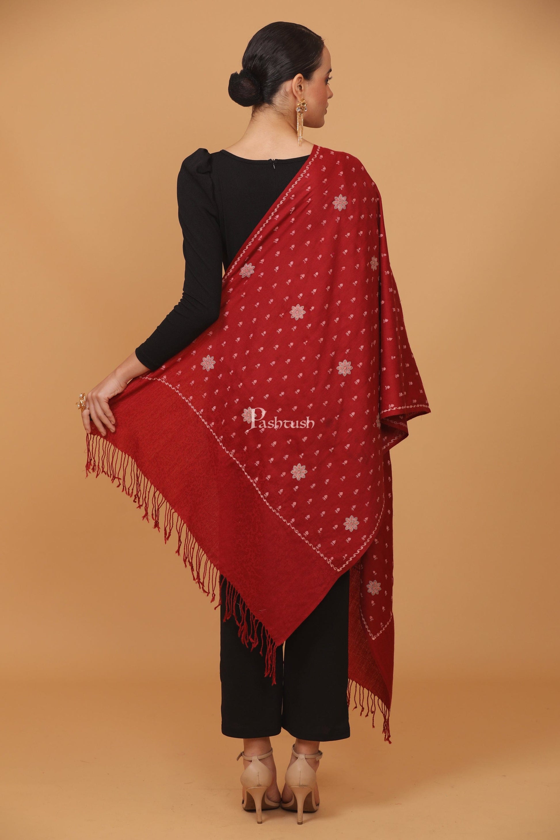 Pashtush India Womens Stoles and Scarves Scarf Pashtush womens Fine Wool stole, booti design, Maroon
