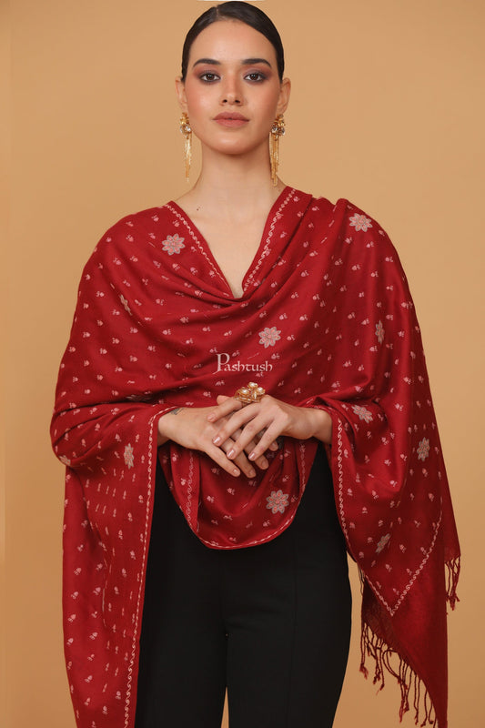 Pashtush India Womens Stoles and Scarves Scarf Pashtush womens Fine Wool stole, booti design, Maroon