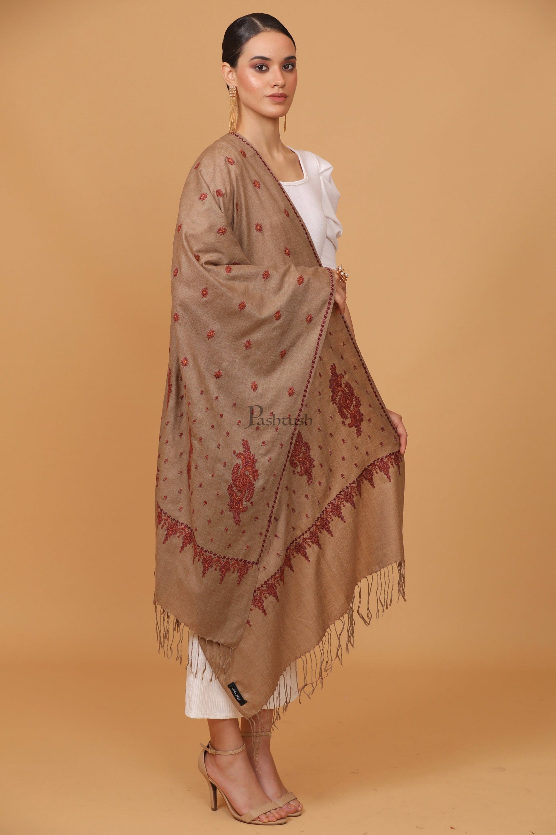 Pashtush India Womens Stoles and Scarves Scarf Pashtush womens Fine Wool stole, booti design, Taupe