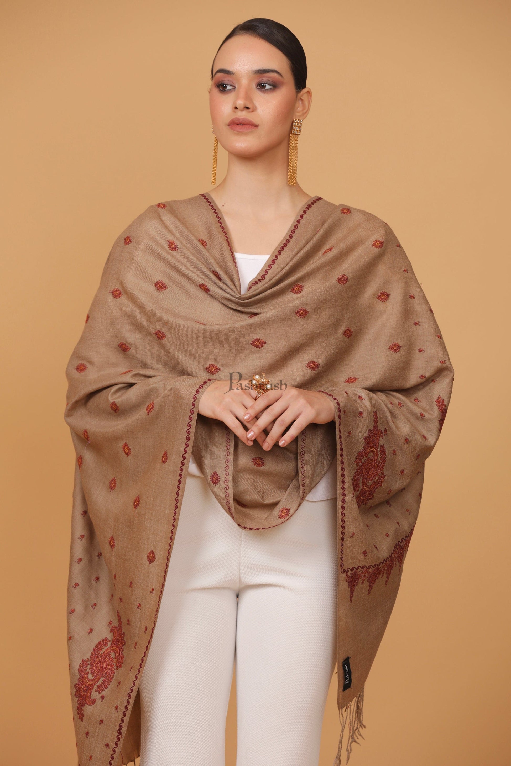 Pashtush India Womens Stoles and Scarves Scarf Pashtush womens Fine Wool stole, booti design, Taupe