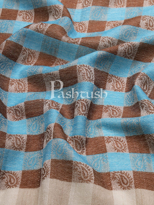 Pashtush India Womens Stoles and Scarves Scarf Pashtush womens Fine Wool Stole, Checkered design, Beige and Tuscan Blue