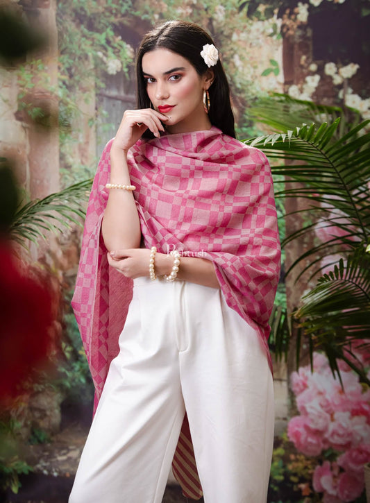 Pashtush India Womens Stoles and Scarves Scarf Pashtush womens Fine Wool Stole, Checkered design, Dark Pink