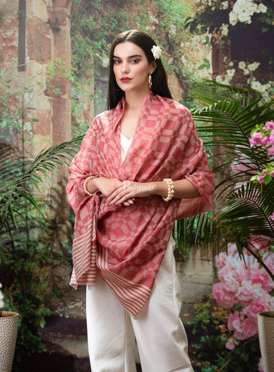 Pashtush India Womens Stoles and Scarves Scarf Pashtush womens Fine Wool Stole, Checkered design, Rose