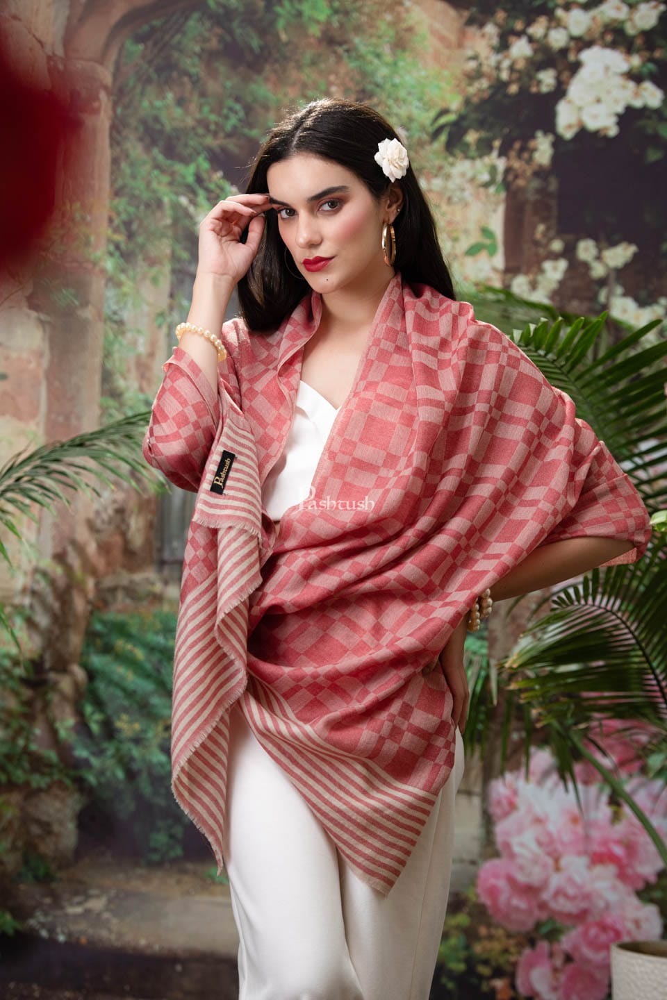 Pashtush India Womens Stoles and Scarves Scarf Pashtush womens Fine Wool Stole, Checkered design, Rose
