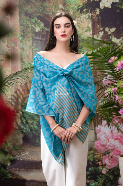 Pashtush India Womens Stoles and Scarves Scarf Pashtush womens Fine Wool Stole, Checkered design, Turquoise