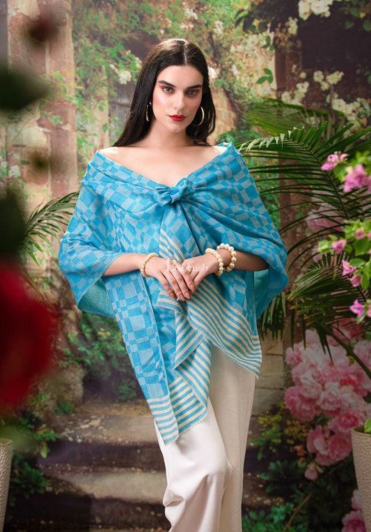 Pashtush India Womens Stoles and Scarves Scarf Pashtush womens Fine Wool Stole, Checkered design, Turquoise