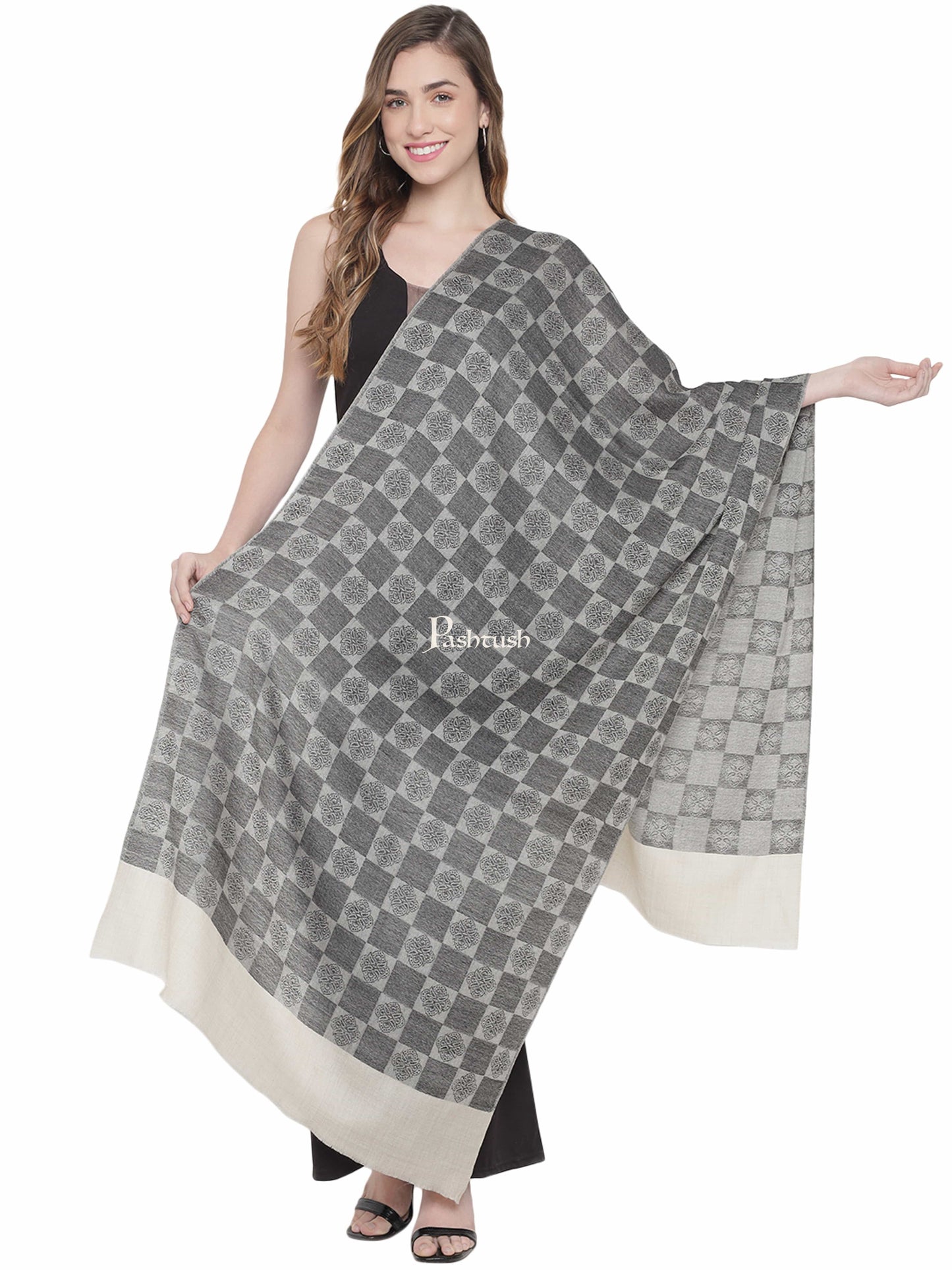 Pashtush India Womens Stoles and Scarves Scarf Pashtush Womens Fine Wool Stole, Checkered Weave, Soft and Warm, Black