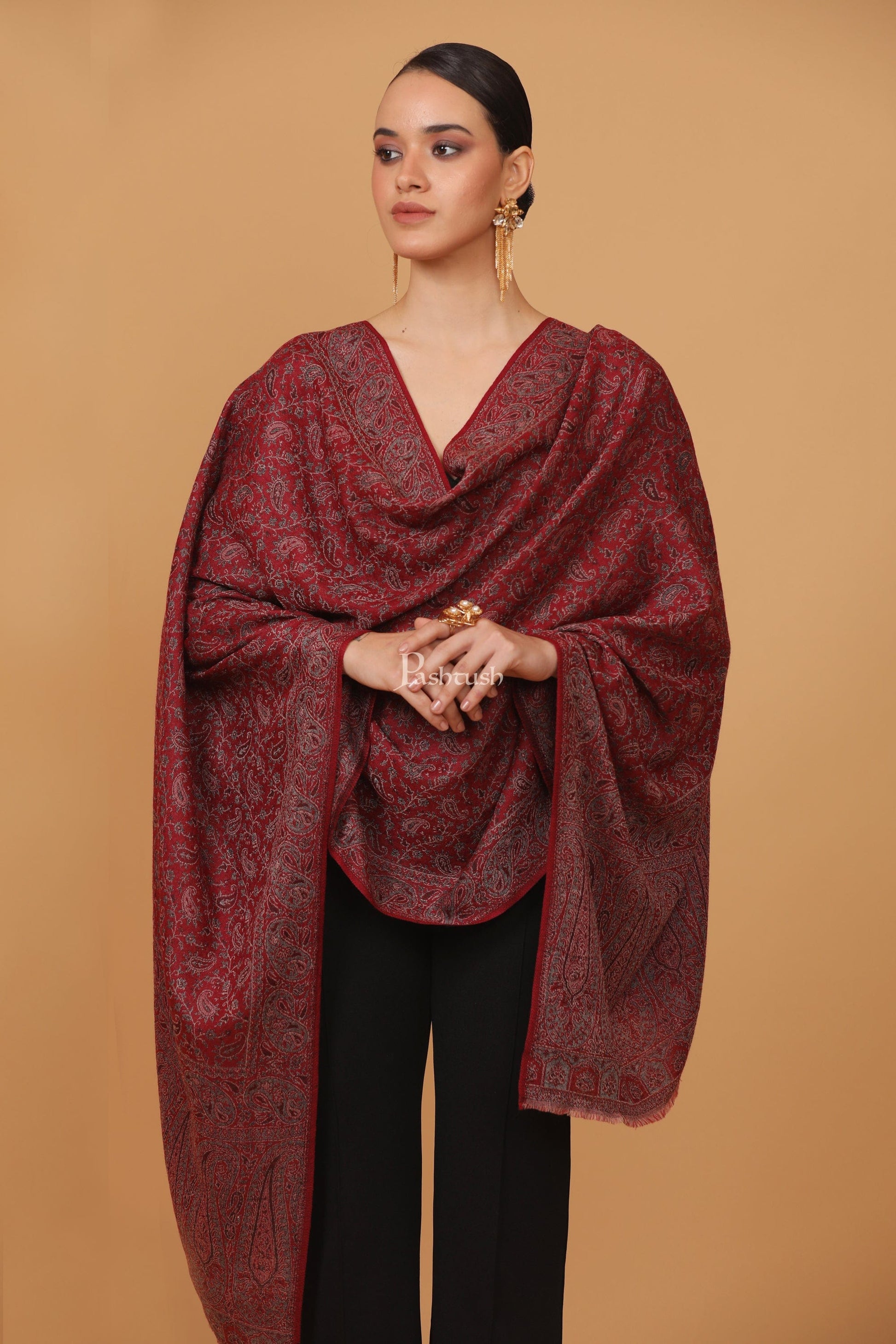 Pashtush India Womens Stoles and Scarves Scarf Pashtush womens Fine Wool stole, ethnic palla design, Maroon