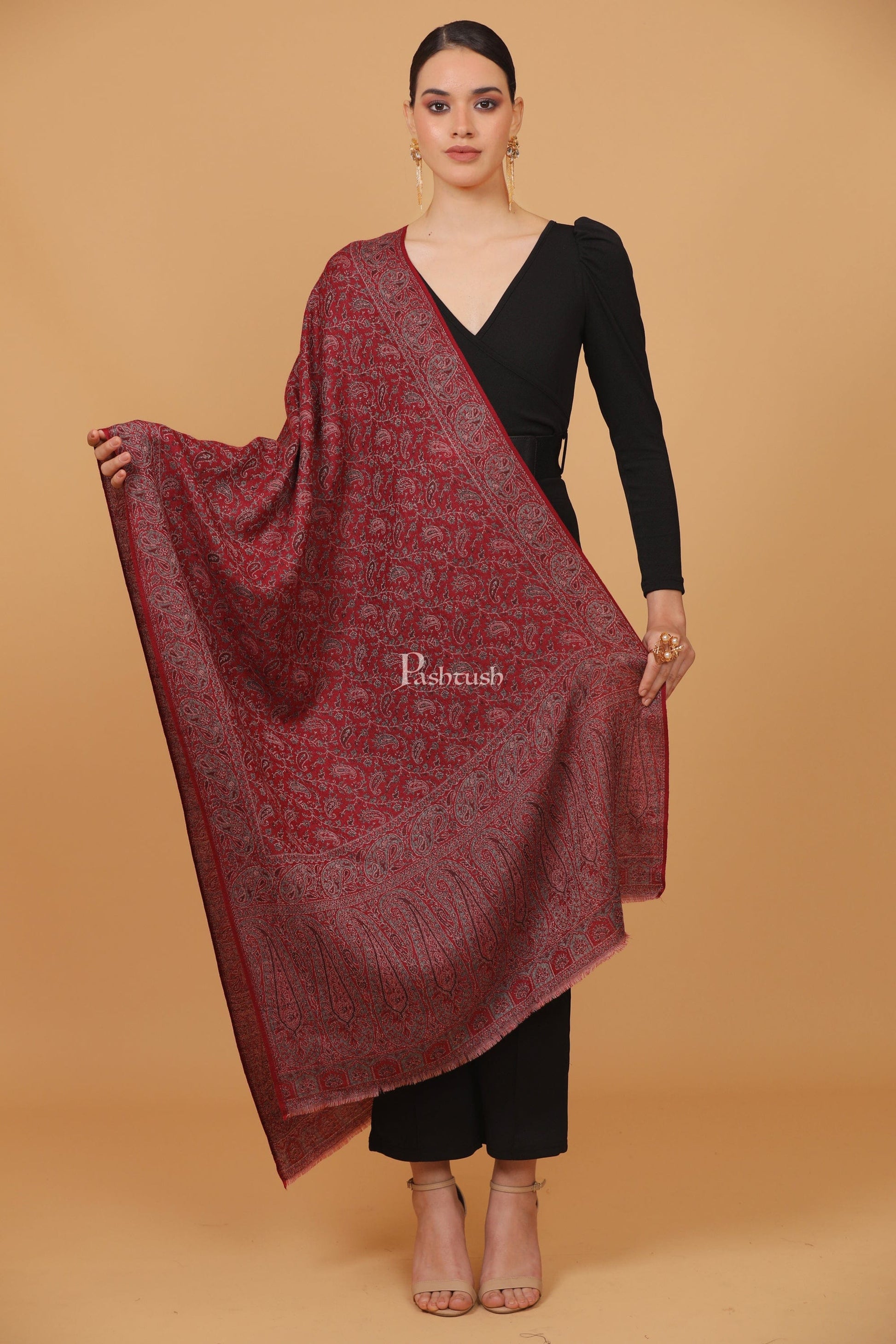 Pashtush India Womens Stoles and Scarves Scarf Pashtush womens Fine Wool stole, ethnic palla design, Maroon