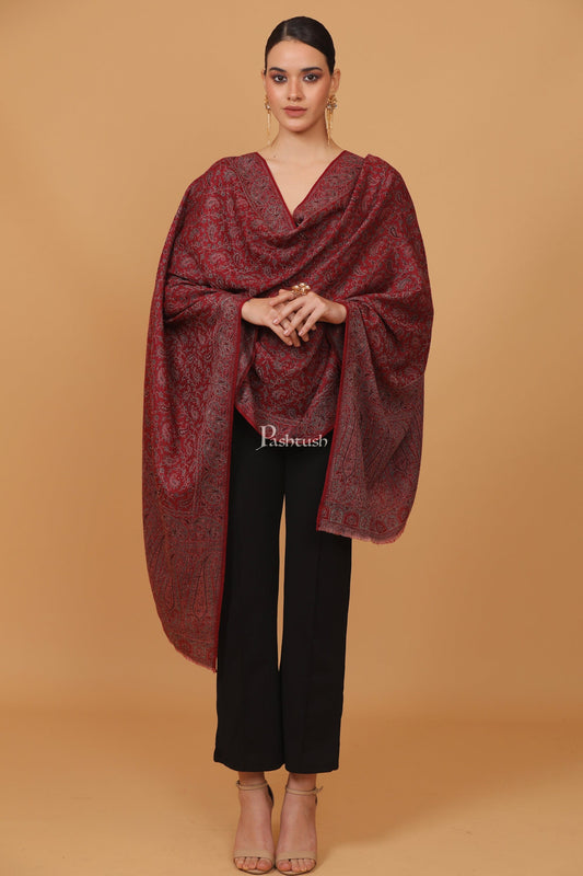 Pashtush India Womens Stoles and Scarves Scarf Pashtush womens Fine Wool stole, ethnic palla design, Maroon