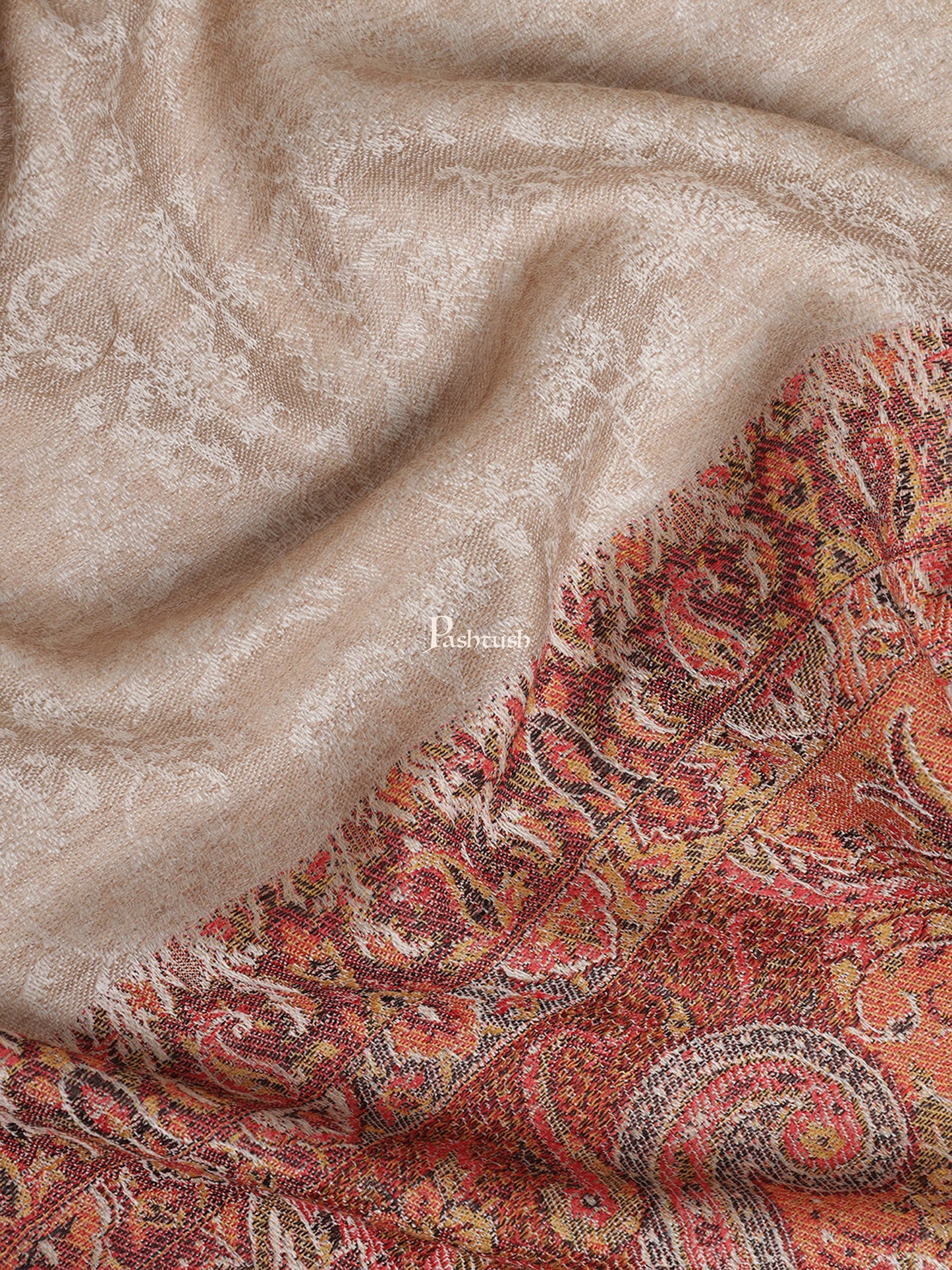 Pashtush India Womens Stoles and Scarves Scarf Pashtush Womens Fine Wool Stole, Ethnic Weave Palla, Beige