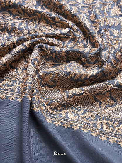 Pashtush India Womens Stoles and Scarves Scarf Pashtush Womens Fine Wool Stole, Fine Nalki Embroidery Design, Dark Grey