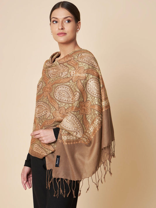 Pashtush India Womens Stoles and Scarves Scarf Pashtush Womens Fine Wool Stole, Fine Two Tone Nalki Embroidery Design, Taupe