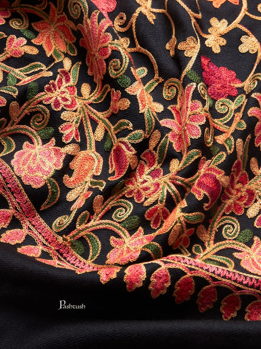 Pashtush India Womens Stoles and Scarves Scarf Pashtush Womens Fine Wool Stole, Floral Aari Embroidery Design, Black