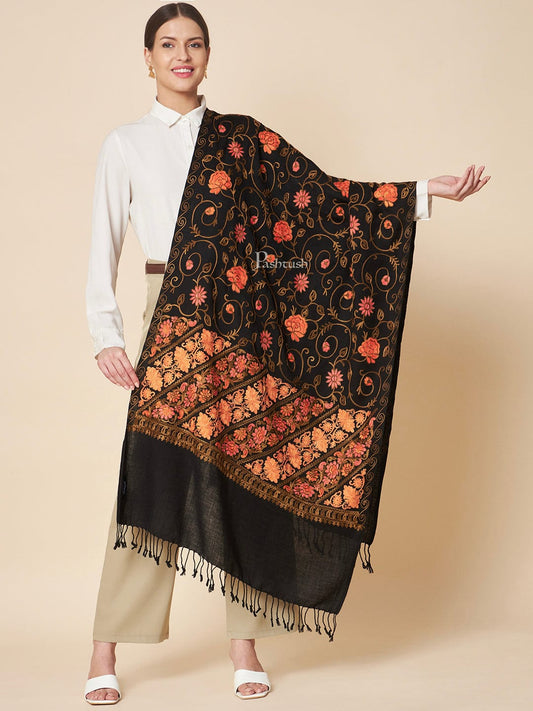 Pashtush India Womens Stoles and Scarves Scarf Pashtush Womens Fine Wool Stole, Floral Aari Embroidery Design, Black