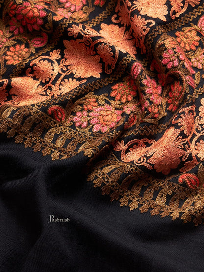 Pashtush India Womens Stoles and Scarves Scarf Pashtush Womens Fine Wool Stole, Floral Aari Embroidery Design, Black