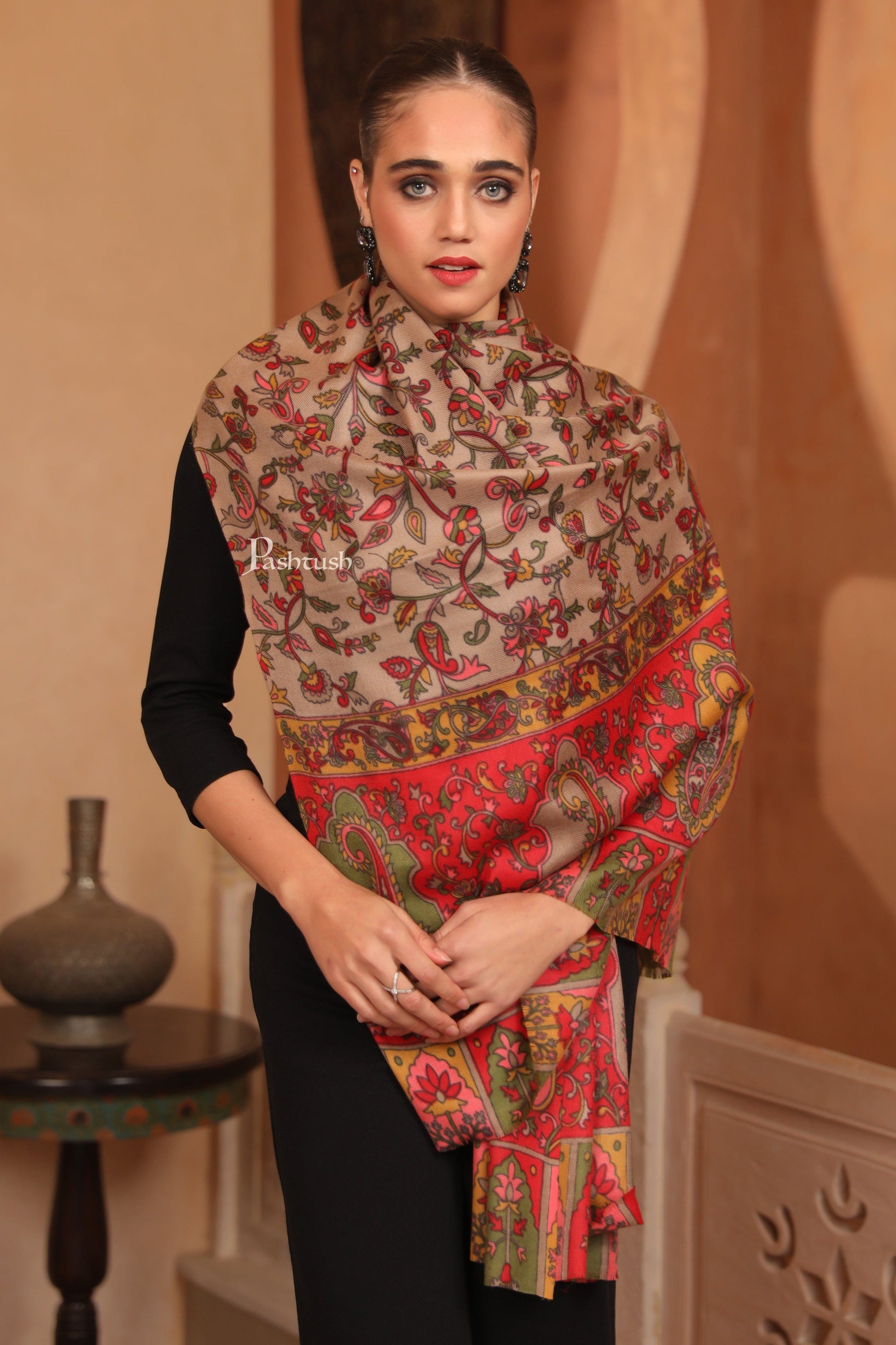 Pashtush India Womens Stoles and Scarves Scarf Pashtush Womens Fine Wool Stole, Floral Hand Print Design, Multicolour