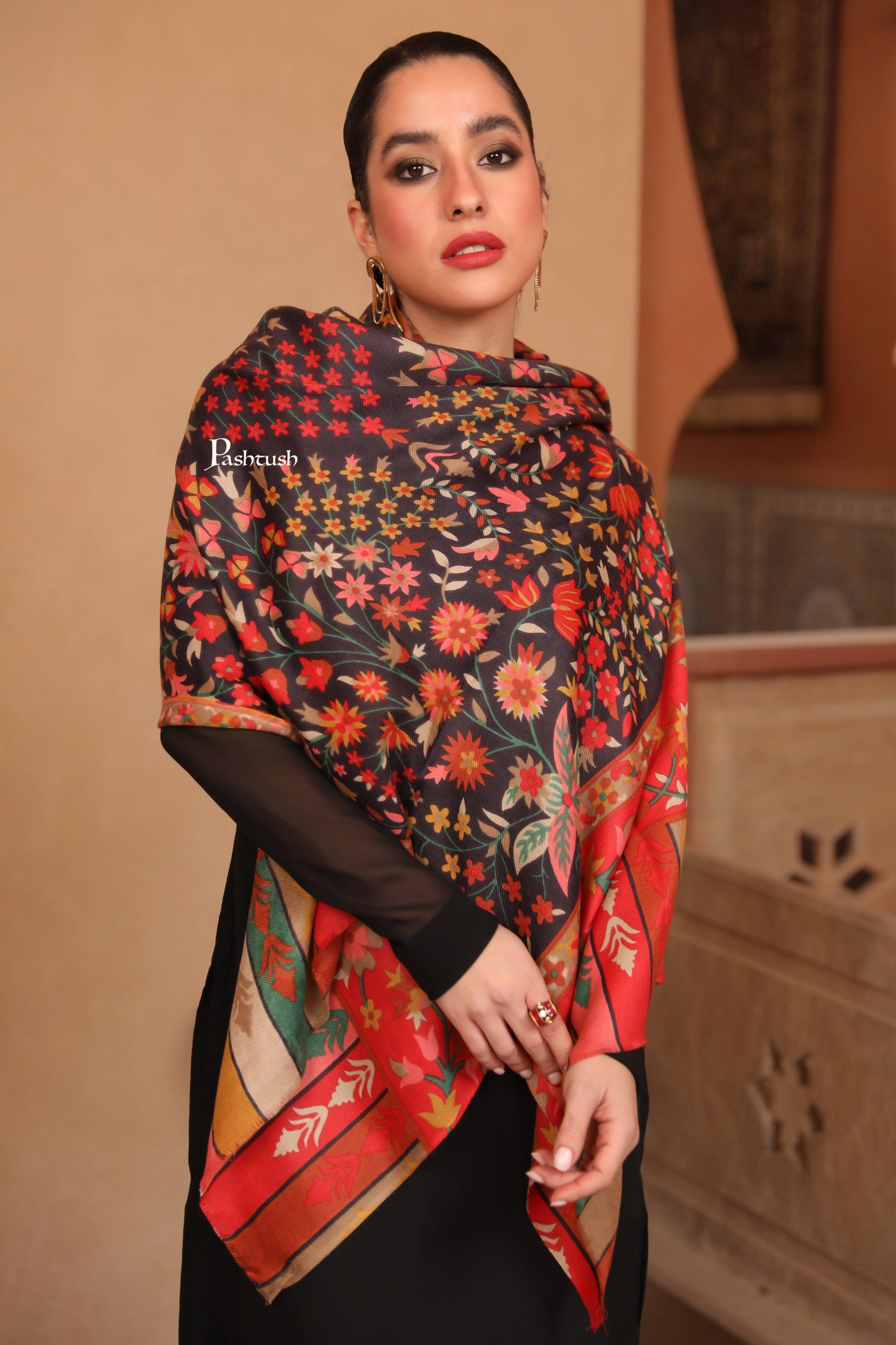 Pashtush India Womens Stoles and Scarves Scarf Pashtush Womens Fine Wool Stole, Floral Hand Print Design, Multicolour