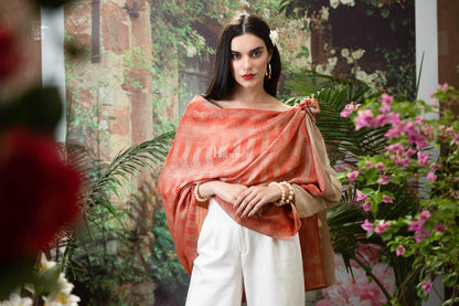 Pashtush India Womens Stoles and Scarves Scarf Pashtush womens Fine wool Stole, Ikkat design, Orange