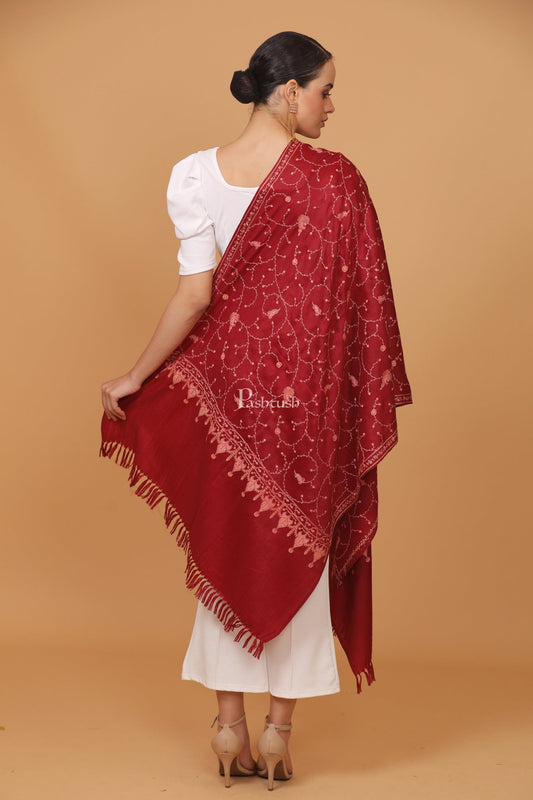 Pashtush India Womens Stoles and Scarves Scarf Pashtush womens Fine Wool stole, jaal embroidery design, Maroon