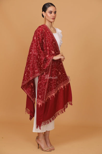 Pashtush India Womens Stoles and Scarves Scarf Pashtush womens Fine Wool stole, jaal embroidery design, Maroon