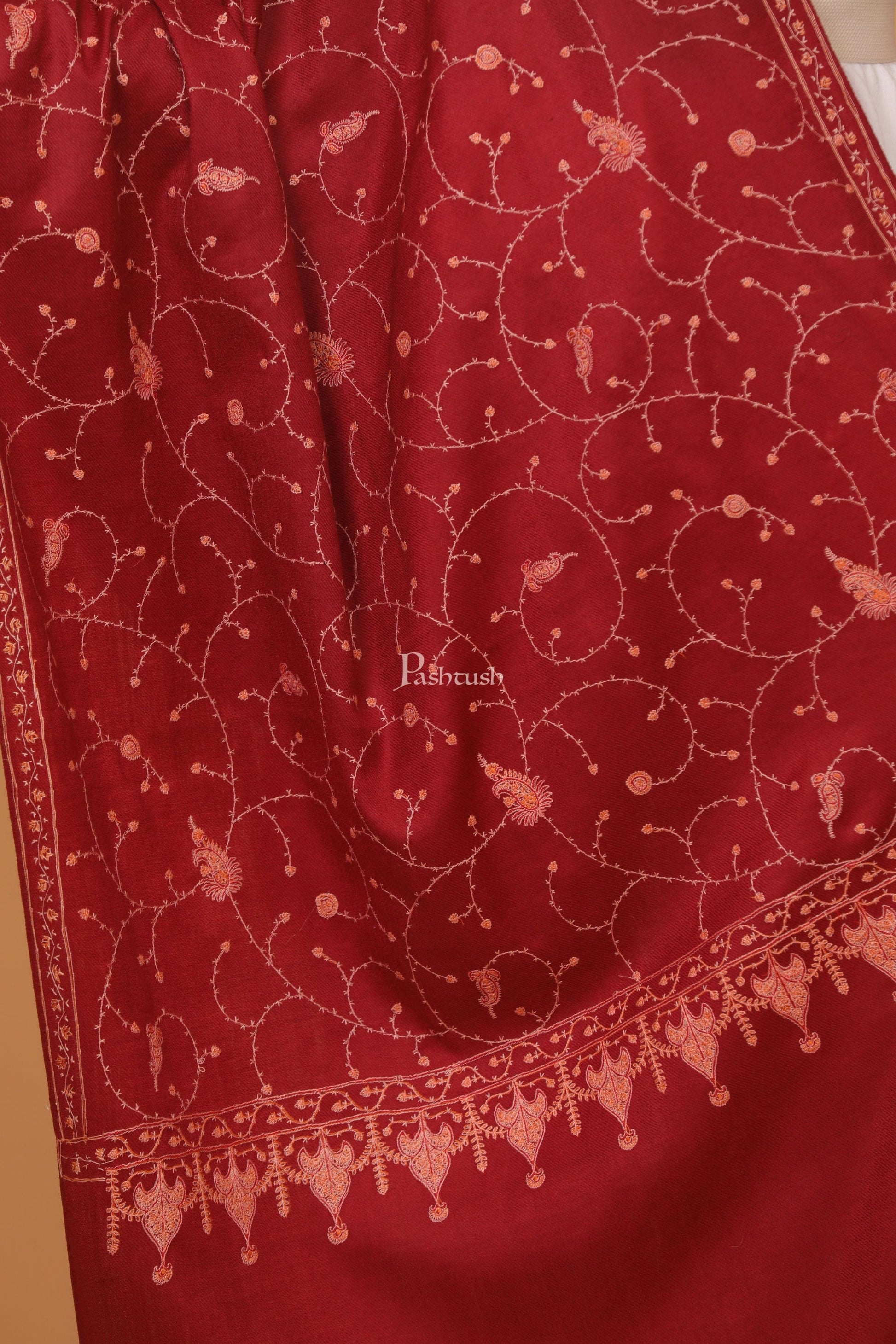 Pashtush India Womens Stoles and Scarves Scarf Pashtush womens Fine Wool stole, jaal embroidery design, Maroon