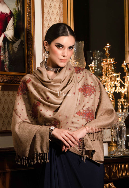 Pashtush India Womens Stoles and Scarves Scarf Pashtush womens Fine Wool Stole, Kashmiri Booti Embroidery Needlework design, Beige